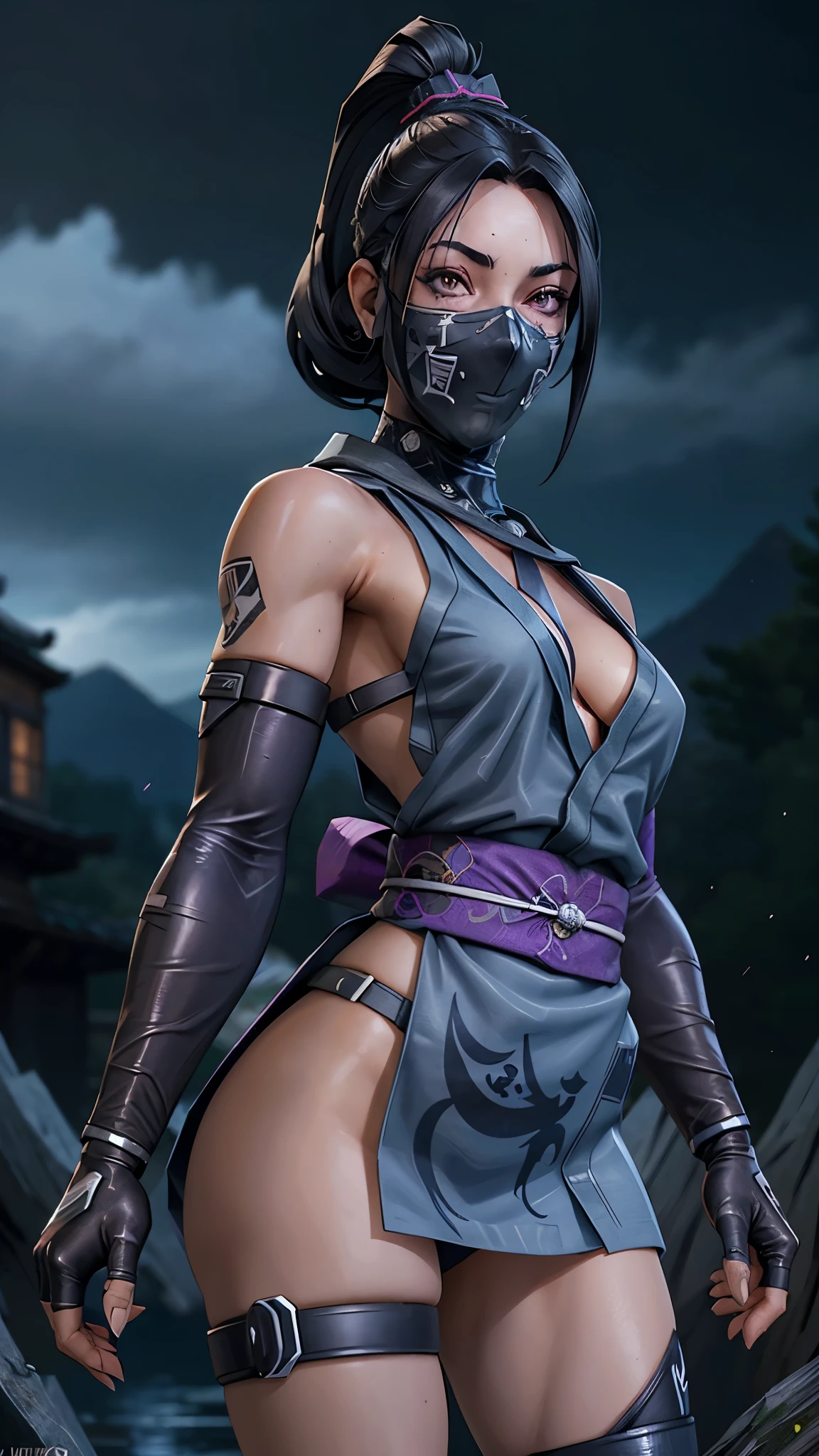 (La mejor calidad,A high resolution,Ultra - detallado,actual),Ariana Grande Mosu Ninja cyborg ,1 chica,solo,de pie,tiro de vaquero,pelo negro,purple sombra,senos,small senos,hombros descubiertos,mascarilla,mouth mascarilla,boca cubierta,ninja mascarilla,ropa japonesa,kimono,kimono corto,obi,elbow guantes,guantes,capucha,Falda,sandalias,medias,calzas negras,correa del muslo,,(Fondo de ruinas de mazmorra en ruinas:1.4 ), (perfect anatomy :1.4), (Mosu Ninja cyborg :1.4), (Mosu Ninja cyborg V2.1), More detailed 8K.motor irreal:1.4,HD,La mejor calidad:1.4, fotorrealista:1.4, textura de la piel:1.4, obra maestra:1.8,obra maestra, mejor calidad,objeto Objeto], (rasgos faciales detallados:1.3),(Las proporciones correctas),(Ojos hermosos azules:1.4),  (pose vaquero), (cara detallada :1.4), (dynamic cowboy pose), (Cinematic V2.1),( kimono white japanese cyborg :1.4), (dedos hermosos detailed : 1.4) ,, (fondo un pantanoso bosque tenebroso fantasy :1.4), (Obsidian background The alien entity,paisaje siniestro, niobium and obsidian atmosphere,dangerous atmosphere raw) ,