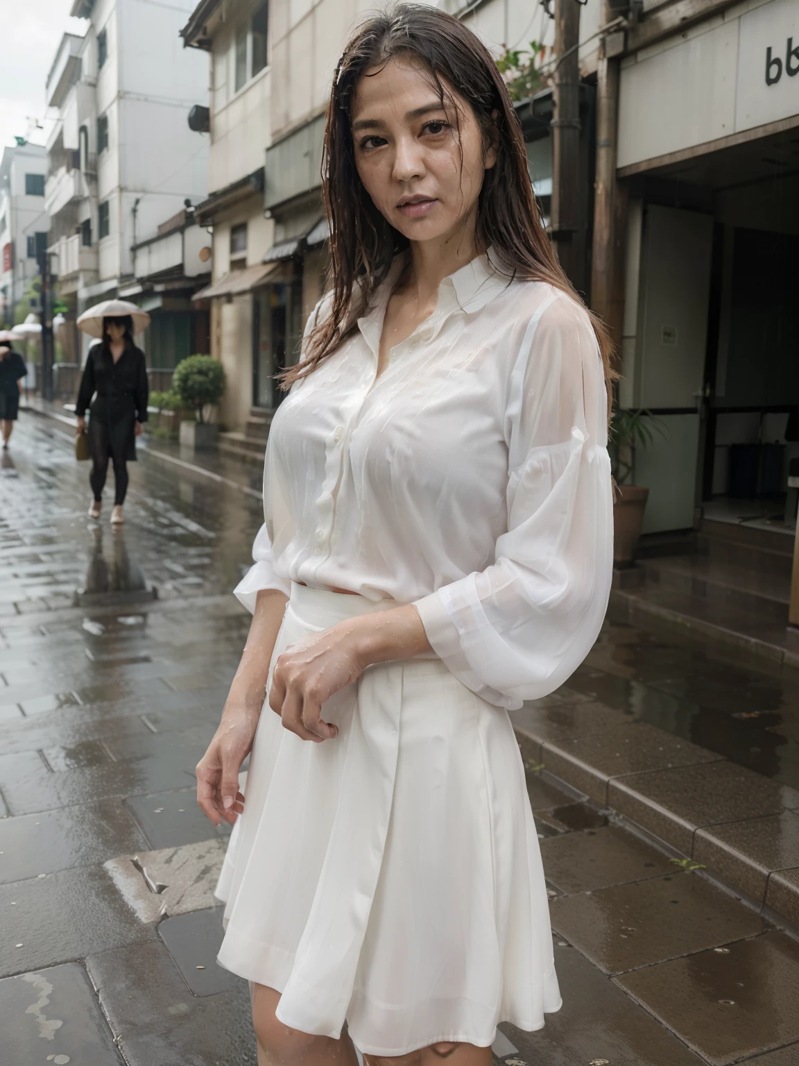 ((highest quality)), ((8K)), ((masterpiece: 1.3)), (Perfect appearance), (Photorealism: 1.6),
(雨の中を街中を歩く60 years oldのJapanese Mature), BREAK(傘無しで歩くJapanese Mature: 1.4), BREAK (A busy sidewalk in an office district: 1.2), (Detailed background), (Soaking wet), (Full body portrait: 1.4),
(60 years old, Japanese Mature), ((Realistic skin texture)), (Fine lines all over the skin), (Dull skin), (Facial wrinkles), (Wrinkles around the eyes), double eyelid, Tear bags under the eyelids,
Melancholic expression, Raindrops running down my face,
Short bangs, Straight long hair, Rain-soaked hair,
(A soft white blouse and a plain long flared skirt: 1.4), (Shirts that get wet and adhere to the skin), (The wet blouse is visible: 1.4), High heels,