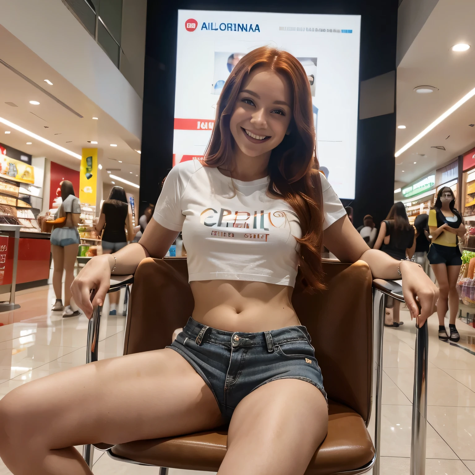 A radiant smile lights up the face of the AI influencer with long red hair, Ultra high definition images of our AI digital influencer smiling in a short t-shirt and short shorts showing the flesh of his ass sitting on a chair in the shopping center in Copa Capacabana RJ Brazil