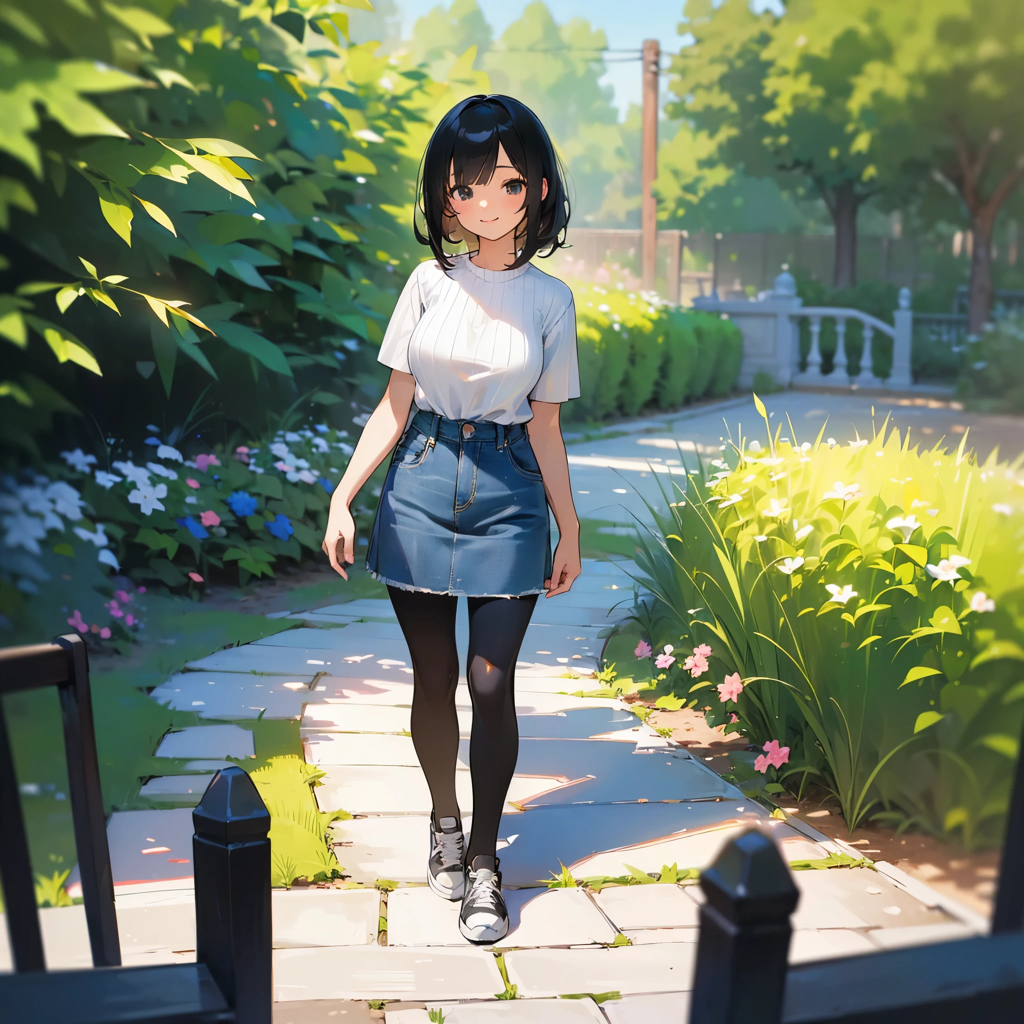 (high quality, High resolution, Very detailed, reality:1.37), Peaceful atmosphere, (Outdoor, garden), Teenage girl standing alone, (my breasts are big.), Beautiful details, Cute Smile, (Black bob hair), Short sleeve ribbed sweater, Denim skirt, Black tights, sneakers.