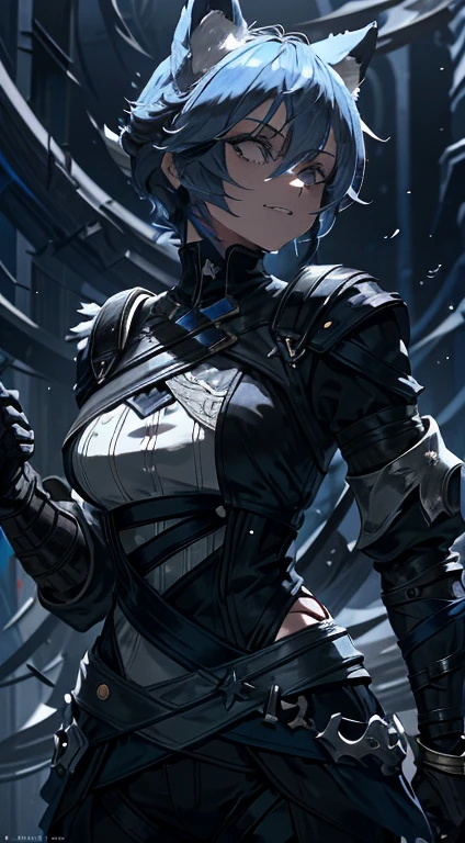 1girl, short_rebellious_hairblue_hair, hair tips to the side, blue_eyes, scary_eyes, short_hair, scary_smile, Evil smile_sharp_wild teeth, soulless_black_eyes, looking_at_vi ewer, holding, shirt, pant, animal_ears, blue_ ears, wolf_woman, blue_tail, body_perfect, Milf_body, female_body_muscular, scar_on_thighs, scar_on_the abdomen,assassin's creed:hunter_outfit_black