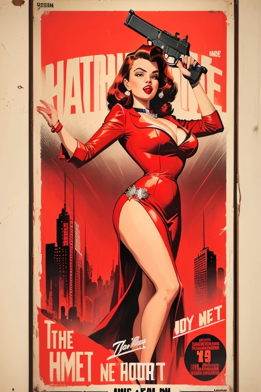 There is a poster of a woman in a red dress holding a pistol., Old retro pulp noir comic cover, retro movie posters, 1 9 5 0 s Thriller, born, poster cover art, Retro pulp art, Butcher Billy Style, Grainy poster art, 1950s Movie Posters, Old retro pulp, dbornn in a neo - noir style, Movie Poster Art