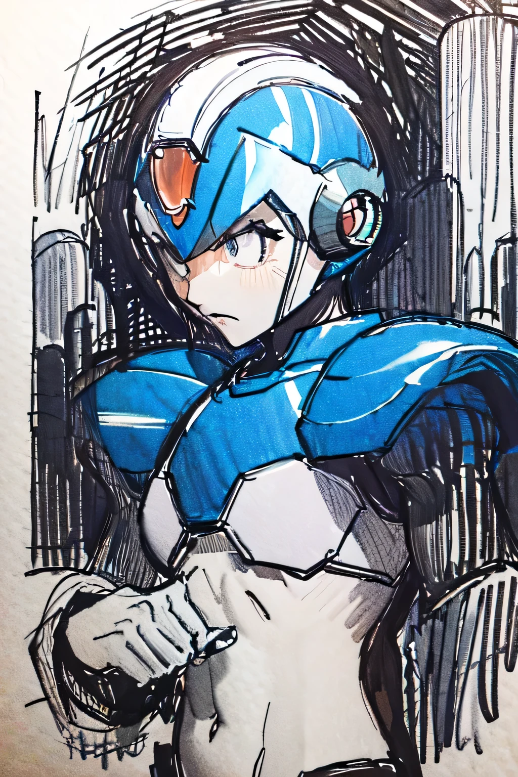 best quality, masterpiece, sketchï¼monochrome, traditional media, Pencil drawing, x_megamanx, solo, 1man,(22years) focus, helmet, android, blue armor, green eyes, masterpiece, high quality, portrait, detallado, mirando su mano, clenched fist, manos bien definidas,solo cinco dedos, serious look, triste, mirando la palma de su mano, mirando su mano cerrada, mirada a su mano enfocado al horizonte,cuerpo completo, de pie, pensativo, detallado ojos azules, 