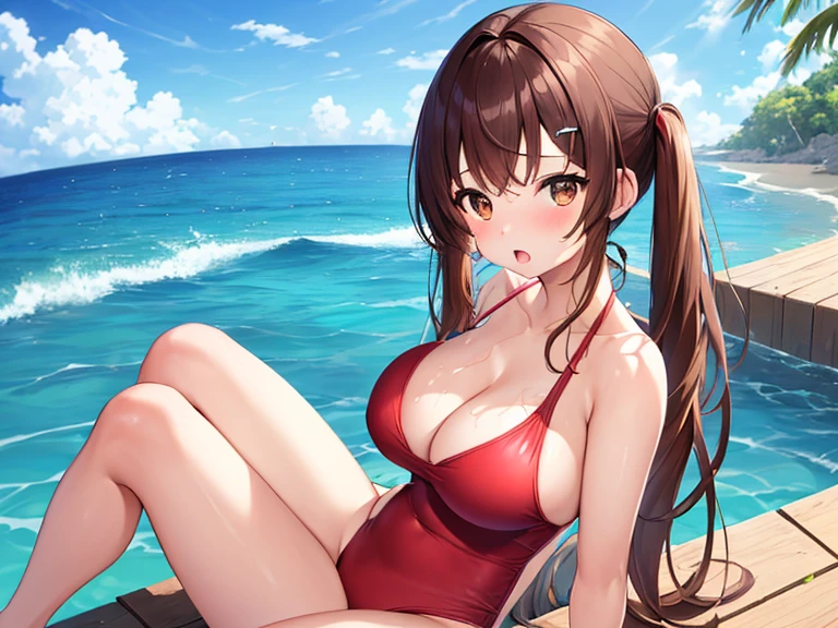 masterpiece、Best image quality、Ultra-high resolution、 girl with large breasts、Twin tail hairstyle、Brown Hair、Red face、Shyly、mock、Open your mouth just a little、Brown eyes、Teenagen swimsuit showing cleavage、Sitting on the seaside、in the sea