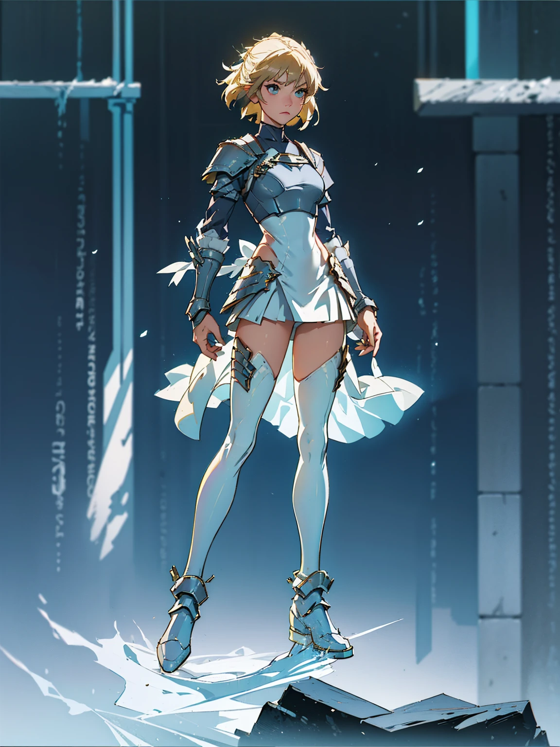 ((full body photo, standing, feet on the ground)) masterpiece, best quality, Agrias, simple armor with neckline, short blonde hair, assasina, white shoe, ice, fantasy, solo, pants, ice effects, Holding dagger, standing, perfect hands, perfect fingers, highleg tights,using anbu mascarat,full body,