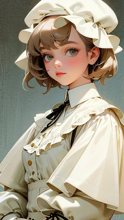 Close-up of female model wearing collared white dress, Wearing a shirt, White shirt, Cream Peasant Shirt, Collar around the neck, wearing a White shirt, Cream shirt, White shirt and gothic boots, wearing Collar around the neck, Creepy Model, victorian inspired clothing, On models. high quality, Collared shirt, wear a collar