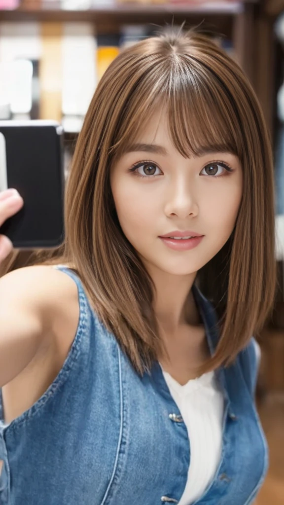Best quality, 8k, ,Masterpiece :1.3)), facing viewer,((full body1.2)) ,pretty woman, wide shot ,1girl, , selfie , , Hair salon, brown hair , bangs,ultra-detailed face, highly detailed lips, detailed eyes, double eyelid.smile.brown