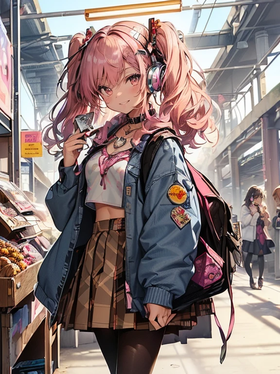 A beautiful girl in 90s school uniform:1.5, (A beautiful girl:1.4), (a young woman with wavy pink hair and brown eyes:1.3), (wearing makeup with light colors and lip gloss:1.3), (wearing 90s school uniform:1.4), (90s school uniform:1.4), (a style that was influenced by music, culture, and media in the 1990s:1.3), (characterized by casual, comfortable, and eclectic looks:1.3), (some of the popular trends were crop tops, denim jackets, plaid skirts, and chokers:1.3), (wearing a crop top under a white blouse:1.4), (a top that exposes the midriff:1.3), (the crop top is yellow with a smiley face print:1.3), (the blouse is buttoned up and has a red plaid-pattern bow:1.3), (wearing a denim jacket over the blouse:1.4), (a jacket made of blue denim fabric:1.3), (the jacket has rolled-up sleeves and a sunflower patch:1.3), (wearing a red plaid-pattern pleated skirt:1.4), (a skirt that reaches above the knees:1.3), (the skirt has a safety pin on the side:1.3), (wearing dark-brown pantyhose and loafers:1.4), (pantyhose that cover the legs:1.3), (loafers that are flat and comfortable:1.3), (wearing a choker on her neck:1.4), (a necklace that fits tightly around the neck:1.3), (the choker is black with a silver heart pendant:1.3), (wearing a backpack with pins and stickers:1.4), (a backpack that can hold books and other items:1.3), (the pins and stickers are of various bands and cartoons:1.3), (smiling and holding a CD player:1.4), (a CD player that can play music discs:1.3), (the CD player is pink and has headphones:1.3)Twin tails、Bunny ears、underwear