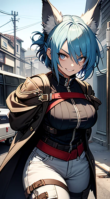 1girl, short_rebellious_hairblue_hair, hair tips to the side, blue_eyes, scary_eyes, short_hair, scary_smile, Evil smile_sharp_wild teeth, soulless_black_eyes, looking_at_vi ewer, holding, shirt, pant, animal_ears, blue_ ears, wolf_woman, blue_tail, body_perfect, Milf_body, female_body_muscular, scar_on_thighs, scar_on_the abdomen,assassin's creed:hunter_outfit_black