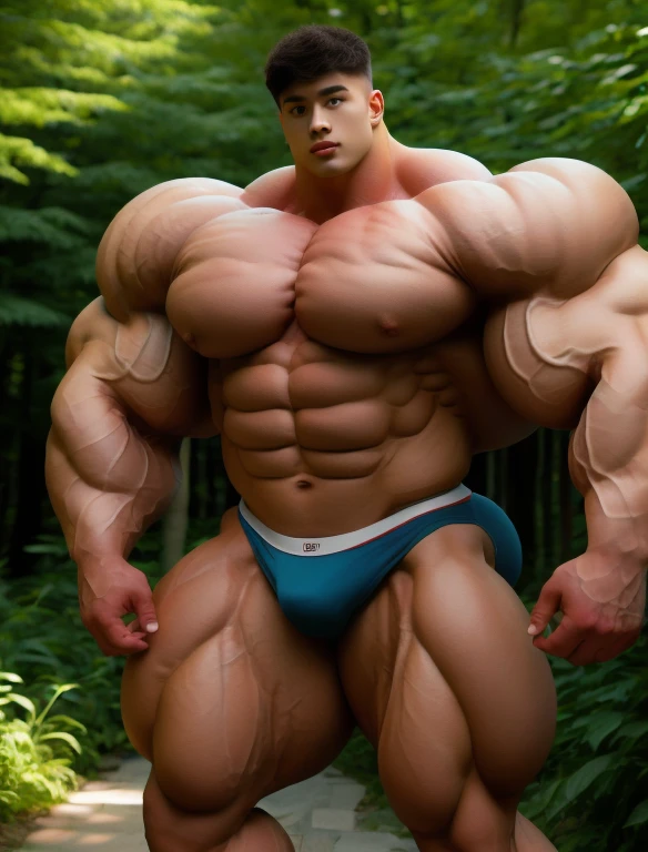 1 asian boy, giant, model shoot style, looking at viewer, standing, illuminating light, outdoor, strong body, bulk, large size, standing, sunmer, in the forest, white triangular underwear, prominent bulge, big, brutalmass, giant, muscular body, bulk, massive body, squishy, large meaty body size