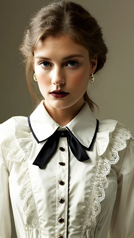 Close-up of female model wearing collared white dress, Wearing a shirt, White shirt, Cream Peasant Shirt, Collar around the neck, wearing a White shirt, Cream shirt, White shirt and gothic boots, wearing Collar around the neck, Creepy Model, victorian inspired clothing, On models. high quality, Collared shirt, wear a collar
