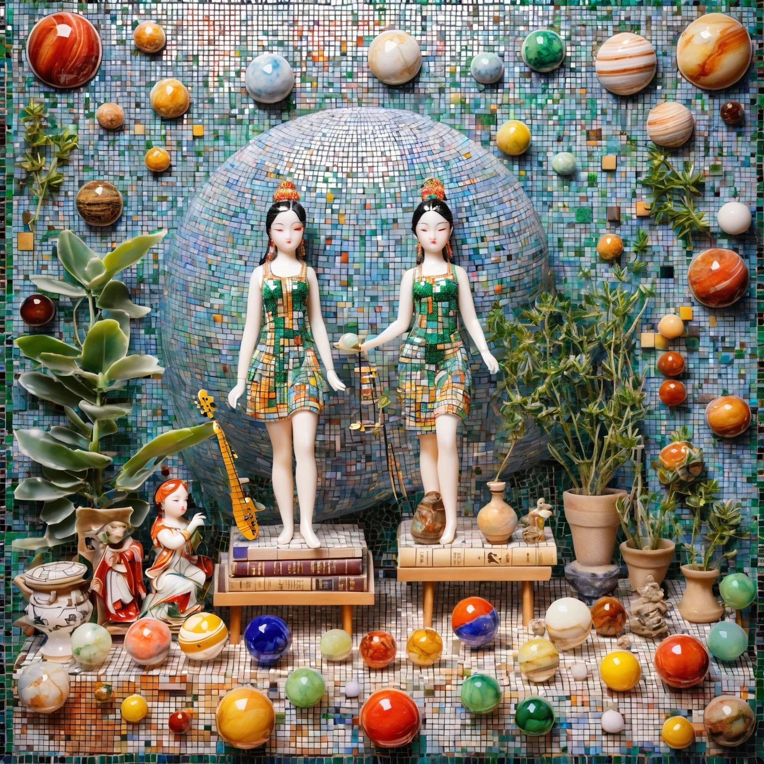 Art jade doll，(Idol Stage: 1.4) Capture an Idol standing on a stage bathed in direct sunlight, with the backdrop featuring the planet Mars. The image should be composed of various-sized small squares, each filled with images of different everyday items such as books, furniture, plants, watercolor paintings, musical instruments, sports equipment, kitchen utensils, etc. Create a mosaic effect, enhancing the depth of each square while maintaining cohesion between them. This intricate mosaic should serve as a visually captivating background for the Idol's performance, adding vibrancy and interest to the overall composition.
