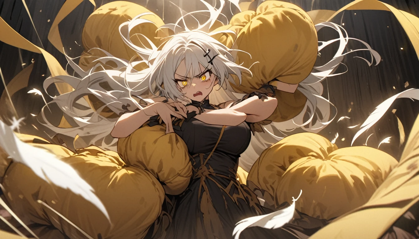 A woman, flowing white hair, melancholy eyes, yellow pupils, black diamond-shaped hairpin, A woman is cutting up Tattered super huge golden silk cushions with scissors in a dirty way. Tiny feathers are dancing, angry