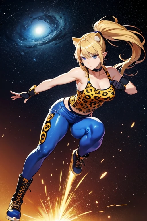 Anime Art、Full body portrait、Space SF fighter、A woman with jaguar ears, around 175cm tall, around 36 years old, wearing a leopard print tank top and blue pants, taking a martial arts stance、Blonde with short ponytail、Calm expression、Blue Eyes、gloves、sports boots
