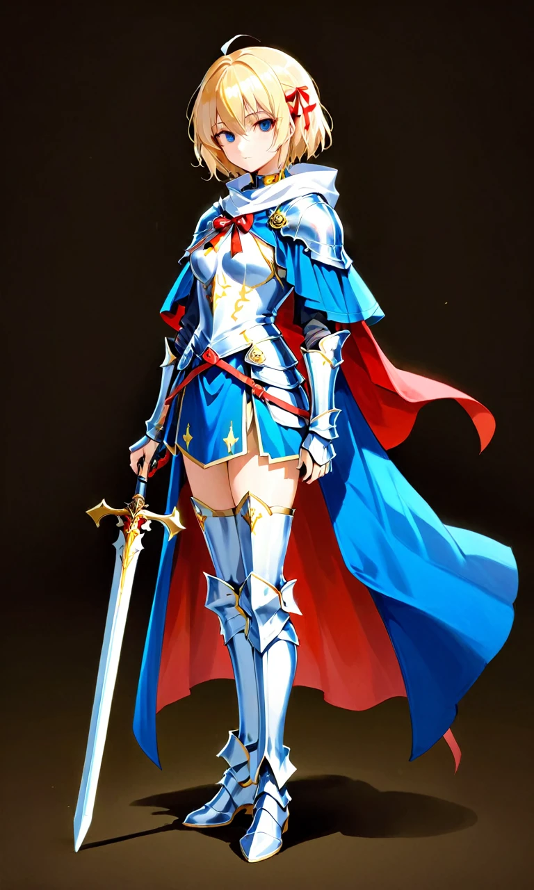 ((full body photo, standing, feet on the ground)) (best quality:1.4), female warrior, female knight, Holy Sword, Rapier, beautiful Hero Joan of Arc, iridescent blonde short bob cut, two side up with red ribbon, superlative body proportion, wearing (white and blue costume, long boots, cloak, gold plated decoration), background medieval battlefield