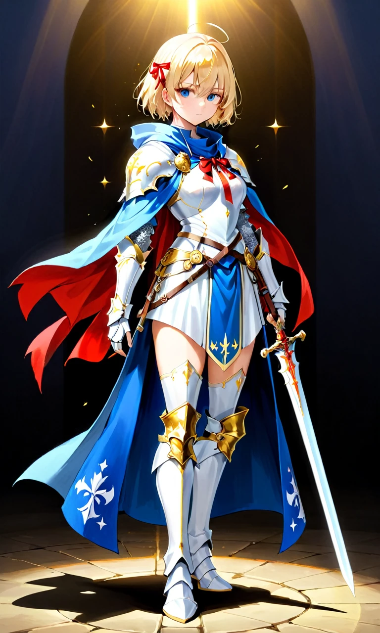 ((full body photo, standing, feet on the ground)) (best quality:1.4), female warrior, female knight, Holy Sword, Rapier, beautiful Hero Joan of Arc, iridescent blonde short bob cut, two side up with red ribbon, superlative body proportion, wearing (white and blue costume, long boots, cloak, gold plated decoration), background medieval battlefield