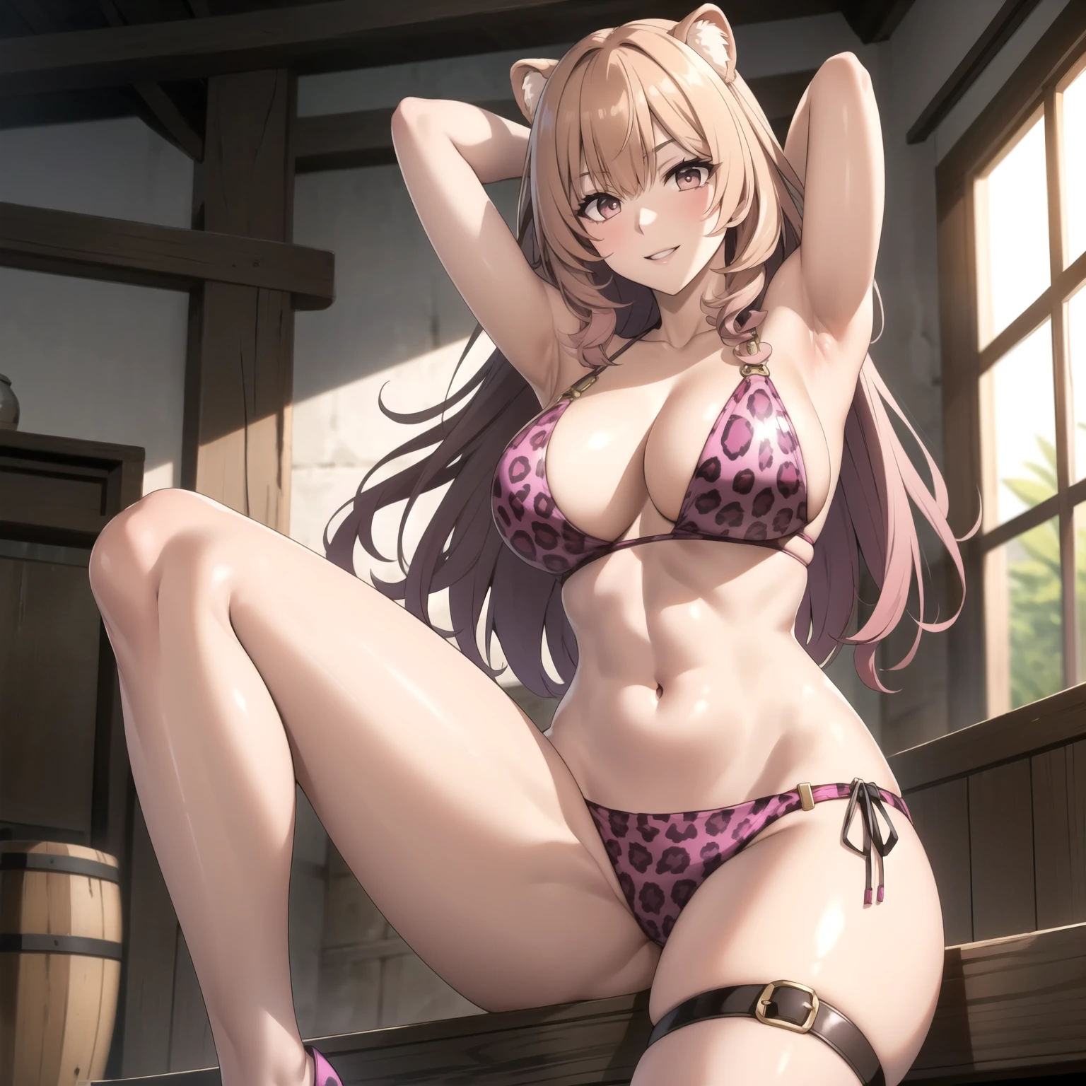 Raphtalia woman 27 años, cabello rubio con puntas rosadas, sonrisa, orejas de oso redondas, ojos rojos, sonrisa feliz inocente, pechos grandes, piel morena, piel muy bronceada, pink leopard print bikini, accesorios. one arm behind head, una sola mujer. mujer sola. rubia cabello rubio, manos perfectas , rubia. orejas de oso redondas.