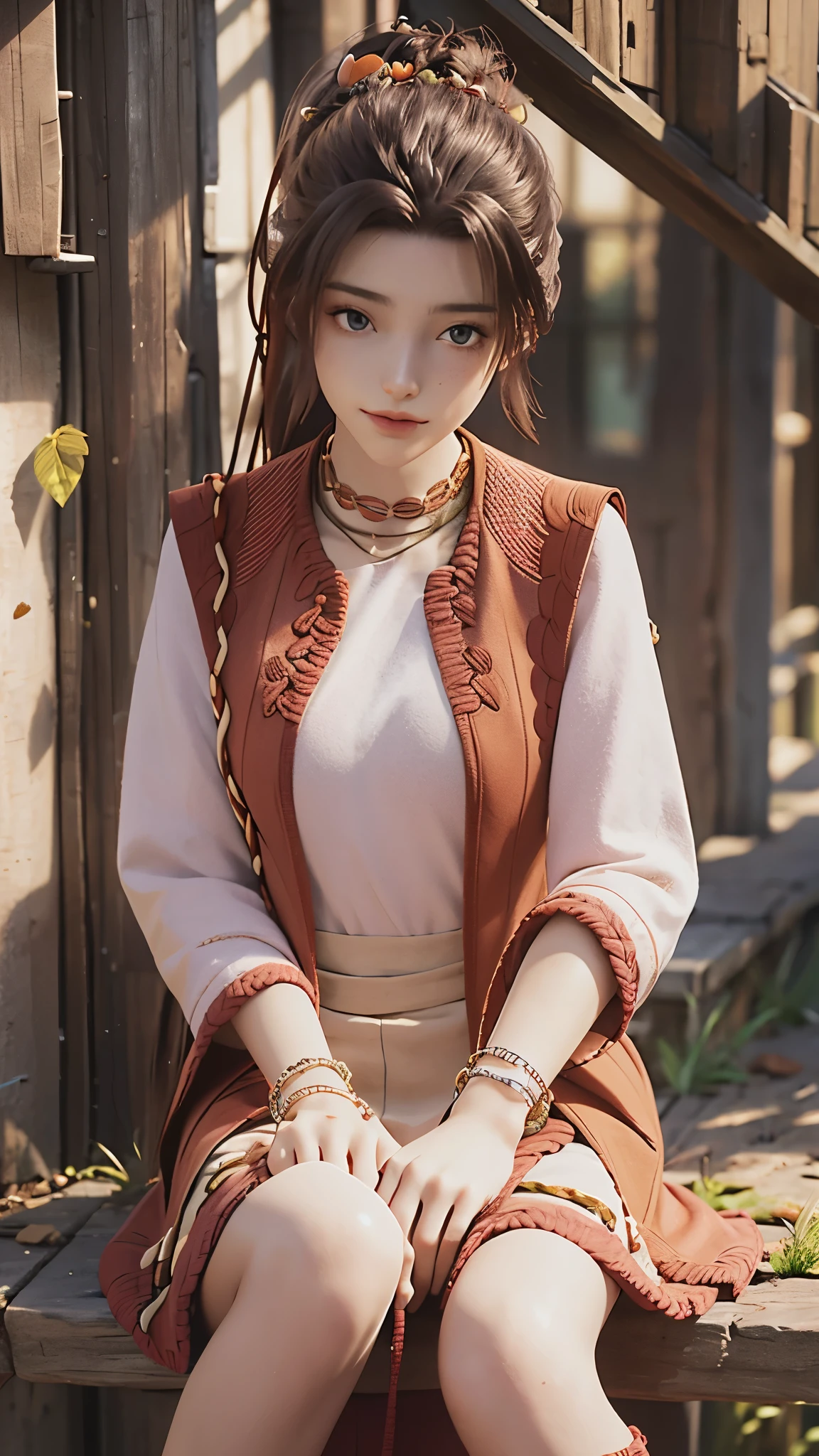 Sienna has curly brown hair, Pale skin, and freckles. She was wearing a white turtleneck sweater，Orange sleeve edges，Inside is a brown suit jacket with an arrow pattern. In Style A，She also wore a skirt with the same pattern as the shirt, And a white headband，There are two "autumn" Leaves clipped on top. To perfect her look, She wears brown moccasins with orange stitching, shoelace, And black sole.