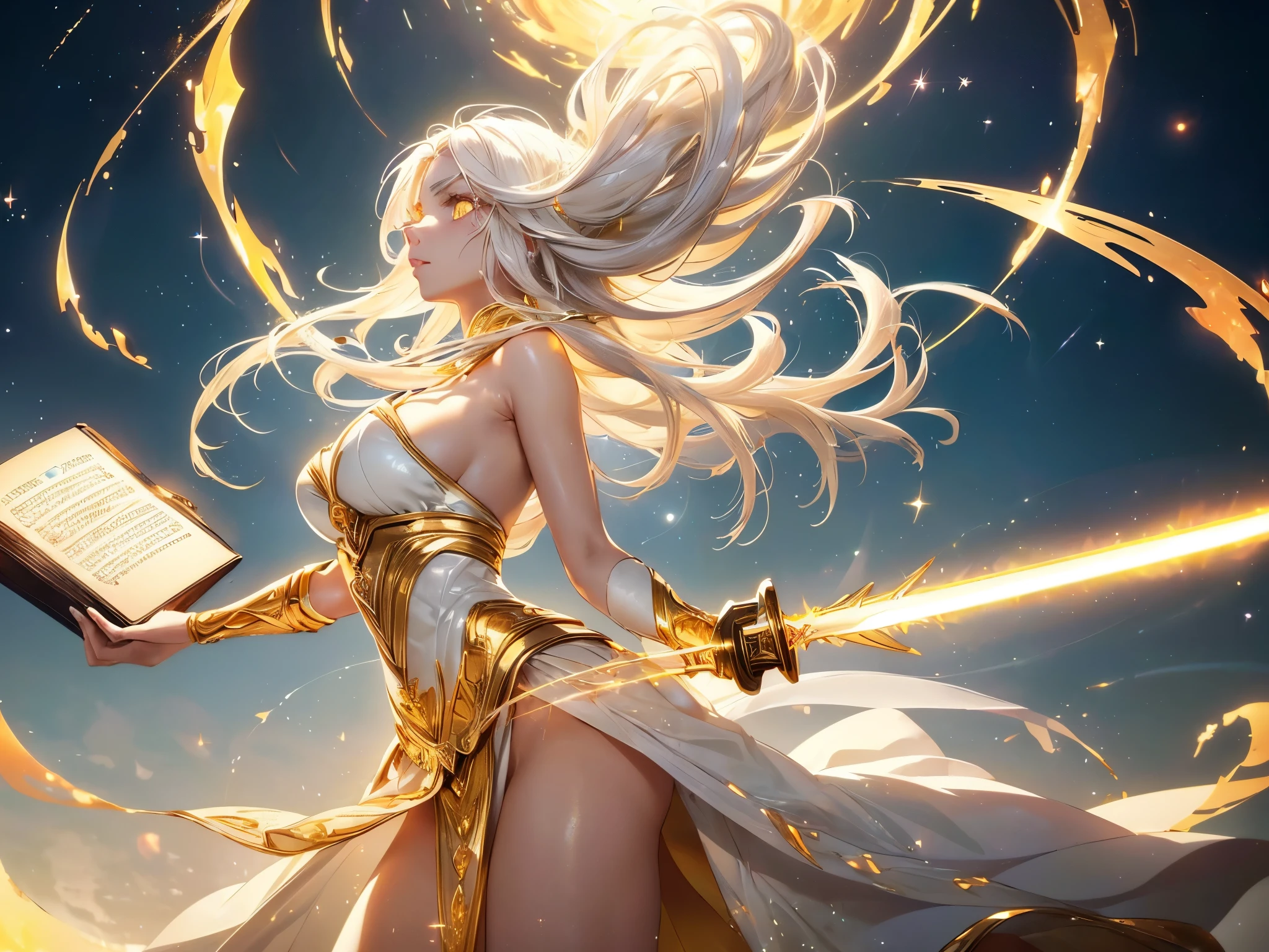 a goddess of wisdom, mature look, Toning the body, white skin, fine face, (Glowing clothing masterpiece:1.4), pure white fabric strapless tube top dress, luminous golden belt, luminous Golden arm Armor, golden leg armor, high detail armor, (a glowing sword-shaped figure appears on the back:1.5), (The left hand holds a glowing book:1.6), (((glowing beige white hair streaked luminous yellow hair))), (single sidelock short wavy hair), (hair strand), shiny hair, (((colored eyelashes and eyebrows))), (glowing yellow gradient amber eyes:1.2), (an upright golden eye on the forehead:1.4), some clouds swirling float behind shoulders, (((some floating luminous characters surround))), Detailed background, Detailed book, Futurism, anime, god rays, ray tracing, reflection light, sparkle, motion blur, perfect layer cut, perfect layer transition, (/full body/side view/back view with face back), glowing light, UHD, masterpiece, super detail, best quality, retina, ccurate, Octane Render