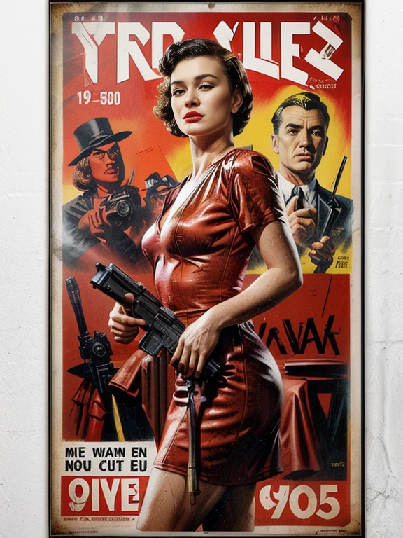 There is a poster of a woman in a red dress holding a pistol., Old retro pulp noir comic cover, retro movie posters, 1 9 5 0 s Thriller, born, poster cover art, Retro pulp art, Butcher Billy Style, Grainy poster art, 1950s Movie Posters, Old retro pulp, dbornn in a neo - noir style, Movie Poster Art