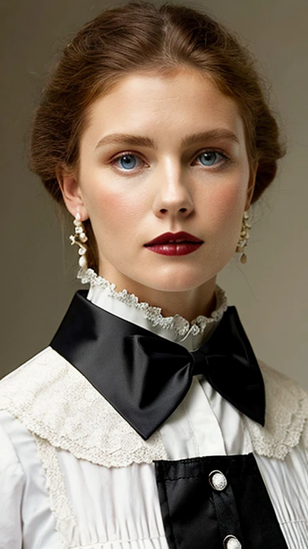 Close-up half-length shot of female model wearing collared white dress, Wearing a shirt, White shirt, Cream Peasant Shirt, Collar around the neck, wearing a White shirt, Cream shirt, White shirt and gothic boots, wearing Collar around the neck, Creepy Model, victorian inspired clothing, On models. high quality, Collared shirt, wear a collar