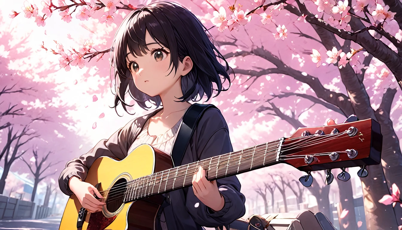 Highly detailed CG Unity 8k wallpaper, best quality, Ultra Detailed, Perfect lighting, accurate shadows, Vibrant,(Cherry Blossom Background)
close, masterpiece,周围是高楼大厦 best quality,Cute girl with black hair and guitar,number, best quality, Ultra Detailed