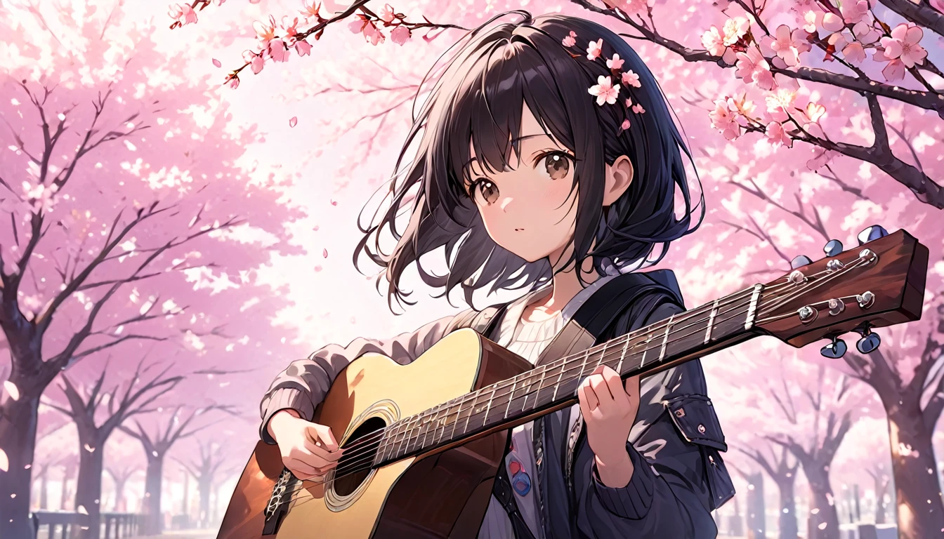 Highly detailed CG Unity 8k wallpaper, best quality, Ultra Detailed, Perfect lighting, accurate shadows, Vibrant,(Cherry Blossom Background)
close, masterpiece,周围是高楼大厦 best quality,Cute girl with black hair and guitar，number, best quality, Ultra Detailed