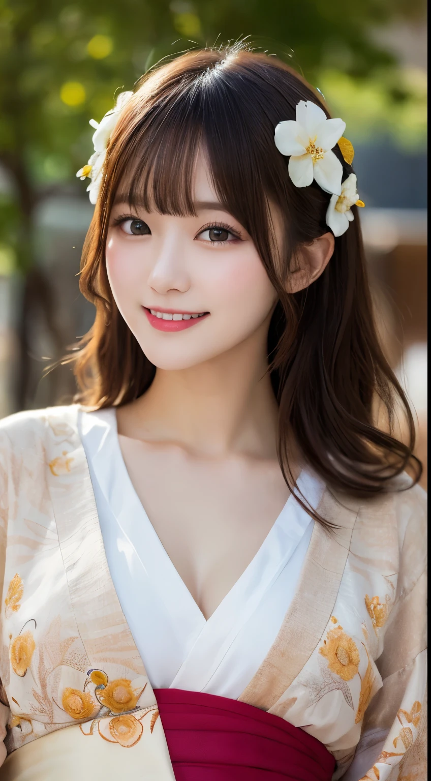 whole body, highest quality, shape, Very detailed, In detail, High resolution, 8k wallpaper, Perfect dynamic composition, Beautiful details, kimono,Medium Hair, Center of chest, Natural color lip, Random sexy poses,smile,shrine,Flower Hair Ornaments,cute,