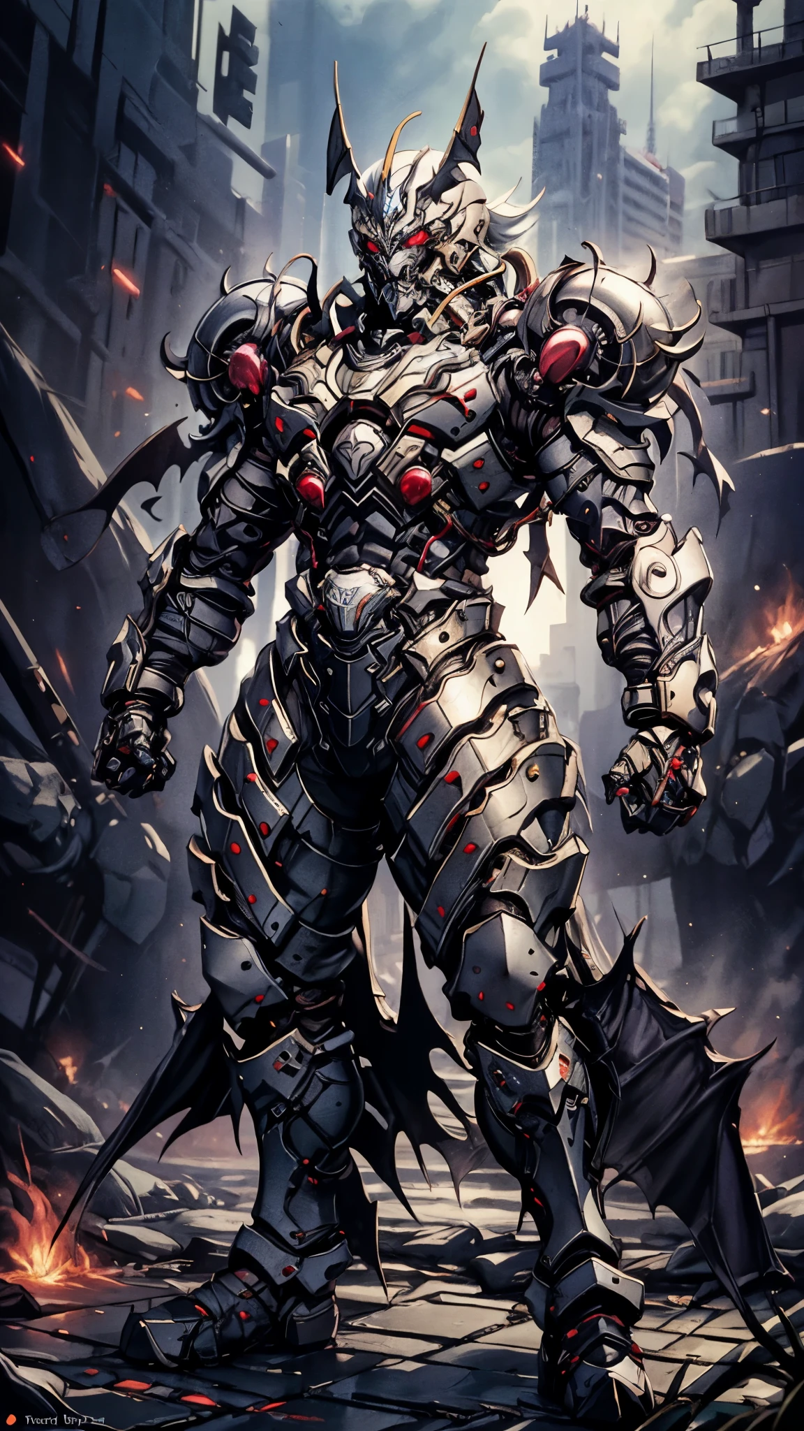 A man wearing a full-face helmet, a fantasy-style biotech armored combat suit, green eyes, (a composite layered chest armor), fully enclosed shoulder guards, matching arm and leg guards, the belt is adorned with dragon claw grasping orbs, (primarily black with red accents), the design balances heavy with agility, a high-tech bio-mecha armor, (lion concept Armor, stand on the top of a skyscraper in a futuristic sci-fi city), this character embodies a finely crafted fantasy-surreal style armored hero in anime style, exquisite and mature manga art style, (element, plasma, energy, the armor glows), ((male:1.5)), metallic, real texture material, dramatic, high definition, best quality, highres, ultra-detailed, ultra-fine painting, extremely delicate, professional, perfect body proportions, golden ratio, anatomically correct, symmetrical face, extremely detailed eyes and face, high quality eyes, creativity, RAW photo, UHD, 32k, Natural light, cinematic lighting, masterpiece-anatomy-perfect, masterpiece:1.5