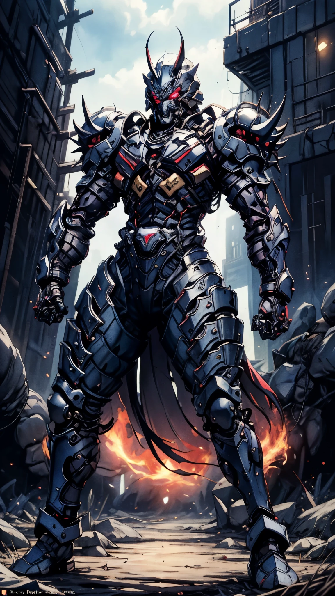 A man wearing a full-face helmet, a fantasy-style biotech armored combat suit, green eyes, (a composite layered chest armor), fully enclosed shoulder guards, matching arm and leg guards, the belt is adorned with fangs biting into orbs, (the color scheme is primarily black with red accents), the design balances heavy with agility, a high-tech bio-mecha armor, (Bat concept Armor, stand on the top of a skyscraper in a futuristic sci-fi city), this character embodies a finely crafted fantasy-surreal style armored hero in anime style, exquisite and mature manga art style, (element, plasma, energy, the armor glows), ((male:1.5)), metallic, real texture material, dramatic, high definition, best quality, highres, ultra-detailed, ultra-fine painting, extremely delicate, professional, perfect body proportions, golden ratio, anatomically correct, symmetrical face, extremely detailed eyes and face, high quality eyes, creativity, RAW photo, UHD, 32k, Natural light, cinematic lighting, masterpiece-anatomy-perfect, masterpiece:1.5