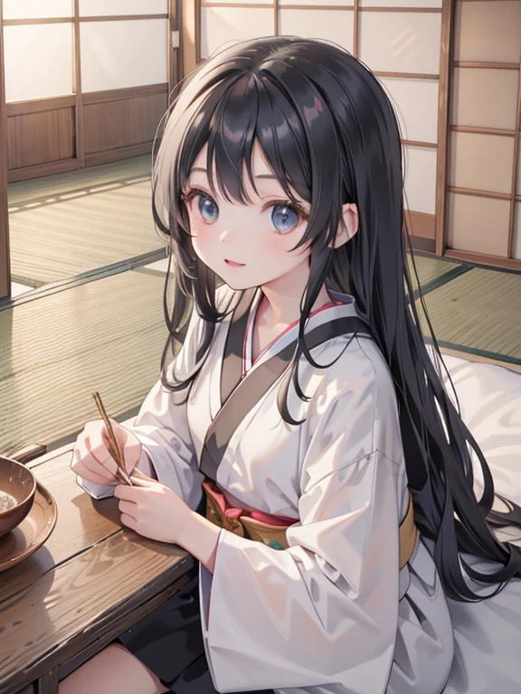 (8k, highest quality, Tabletop:1.2)、One ****************, Detailed face, black eye, Black Hair, Long Hair, kimono, Japanese-style room, Tatami room, Sliding doors, hanging scroll, Japanese cushion, seiza