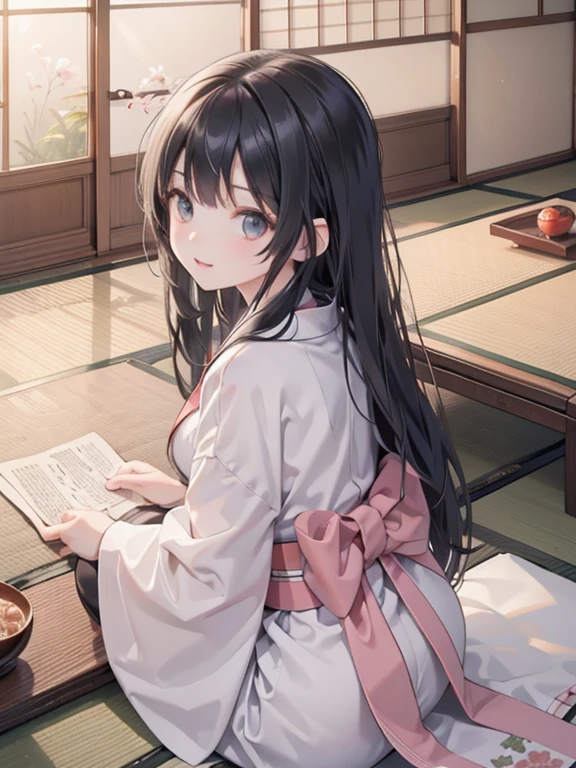 (8k, highest quality, Tabletop:1.2)、One -yeld gi Detailed face, black eye, Black Hair, Long Hair, kimono, Japanese-style room, Tatami room, Sliding doors, hanging scroll, Japanese cushion, seiza