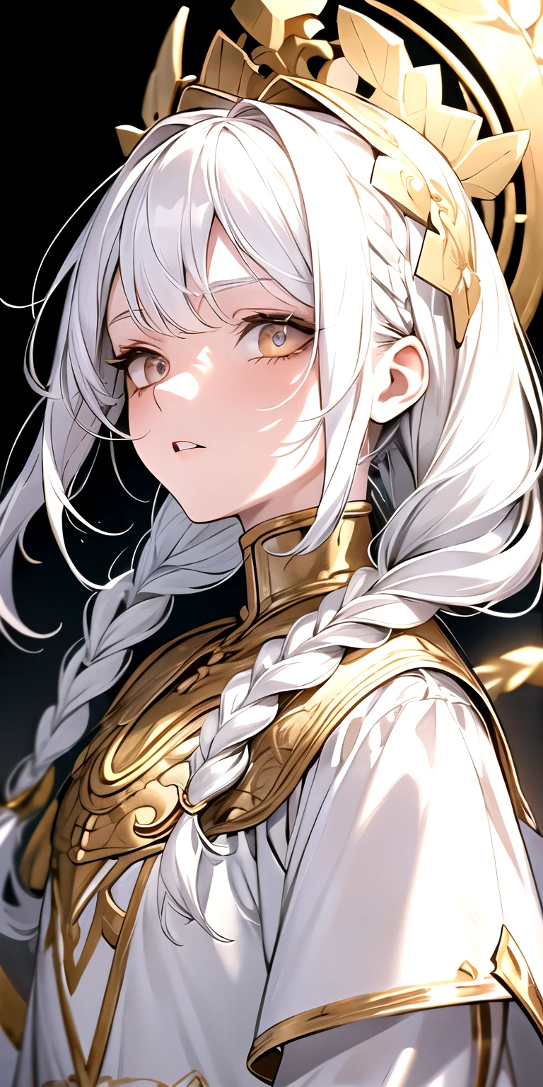 best quality, masterpiece,white hair, gold eyes,white clothes, looking up, upper body,hair strand,Fair skin,side braids