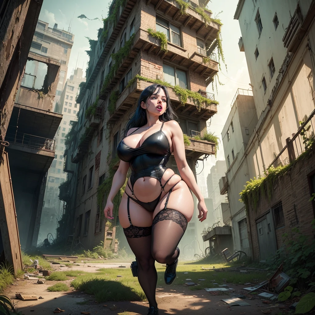 (best quality,4k,highres,masterpiece:1.2),ultra-detailed,realistic:1.37,a woman with comically exaggerated features,ugly face,huge lips,small eyes,saggy breasts,saggy,dressed in sexy lingerie,chasing,a scared man,dramatic lighting,bright colors,comic style,expressionistic style,motion blur,fast-paced,chaotic background,surreal scenery,abandoned building,overgrown plants,eerie atmosphere,cartoonish depiction,vibrant tones,playful,creative composition,comic book aesthetic,comic speech bubbles,humor,action-filled,funny scenario.