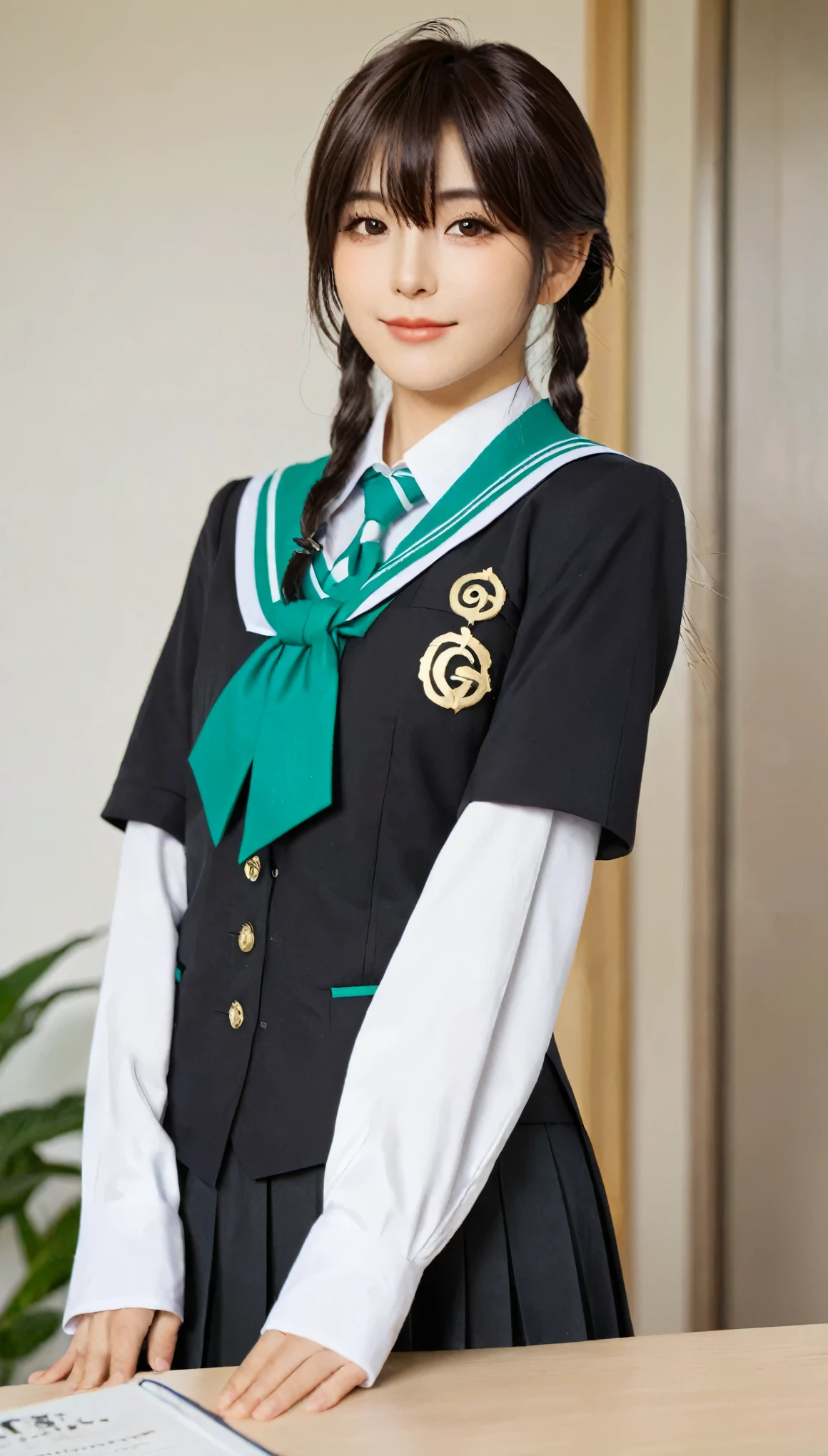 Genshin Ray in school uniform leaning on the table