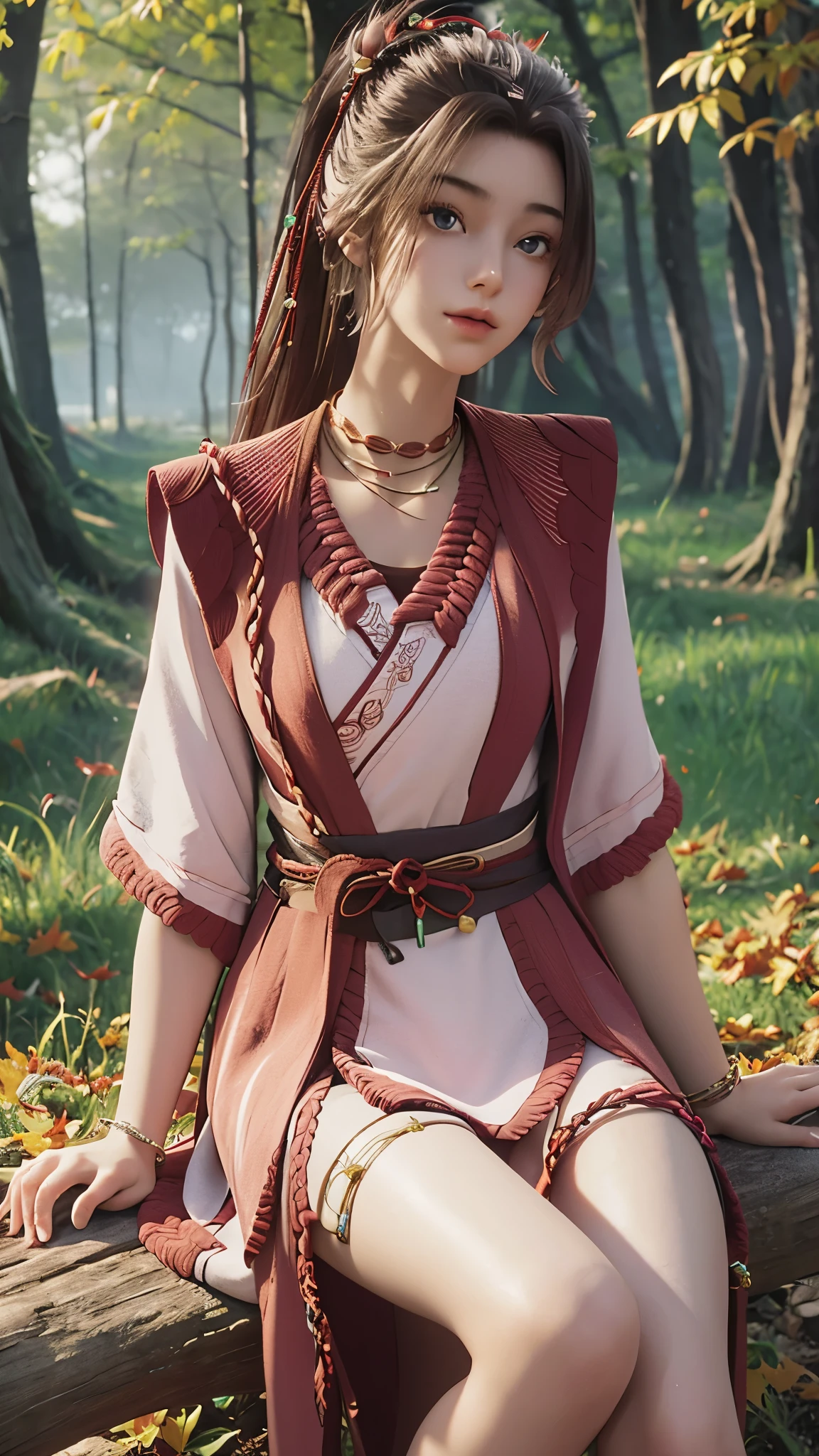 (best quality,4k,8k,highres,masterpiece:1.2),ultra-detailed,realistic, HDR,UHD,girl,sitting,cross-legged,full-body view,beautiful detailed eyes,beautiful detailed lips,extremely detailed eyes and face,long eyelashes,lovely,brown long hair,brown long dress,white thigh-high socks,autumn foliage,forest of maple leaves,atmospheric lighting,vivid colors，beat