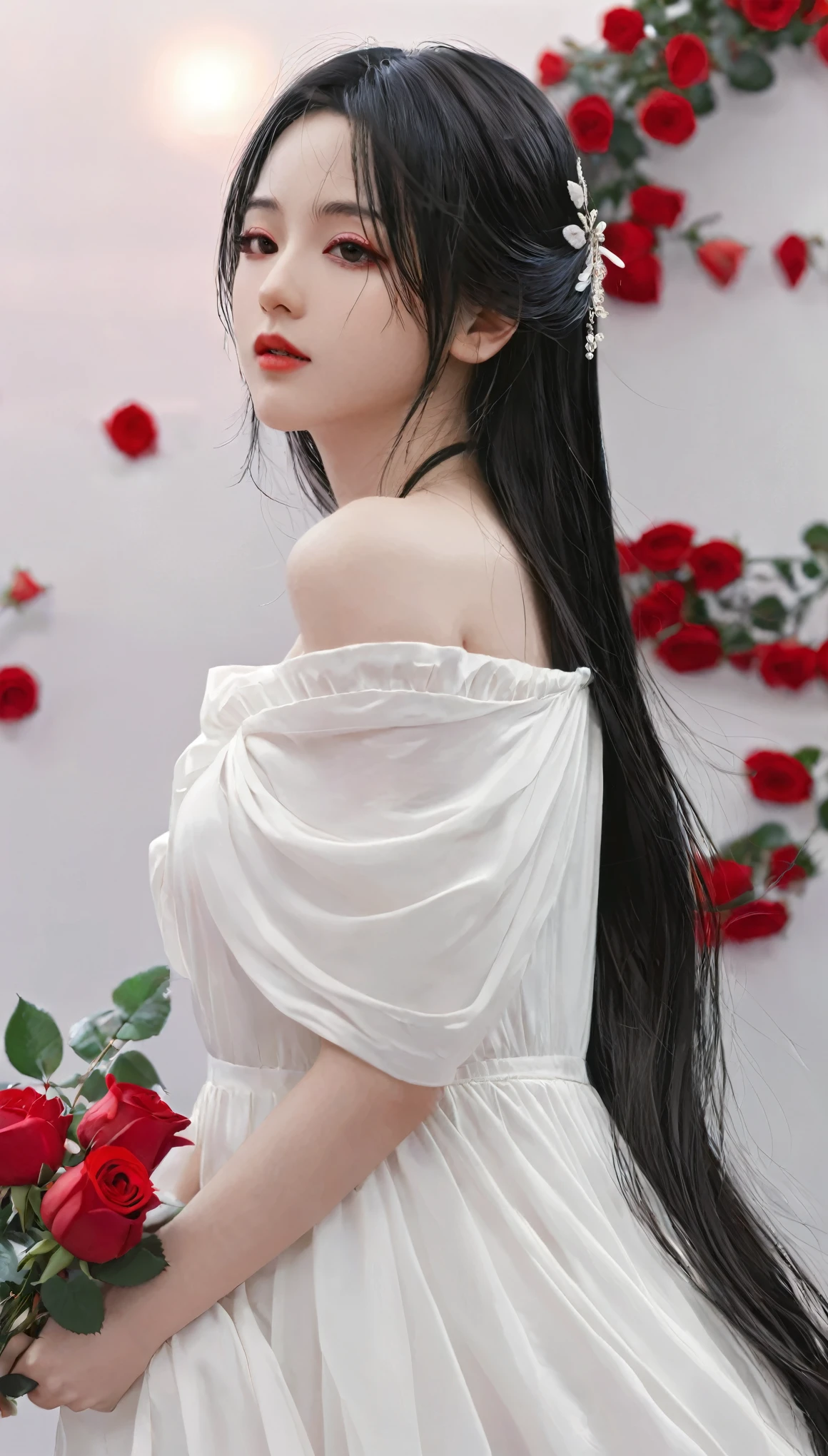 Anime girl with long black hair and white dress with red roses, guweiz, guweiz on pixiv artstation, Detailed digital anime art, Beautiful anime girl, guweiz on artstation pixiv, Anime style 4k, guys, Beautiful anime portrait, Detailed portrait of anime girl, Beautiful anime woman, Detailed anime art