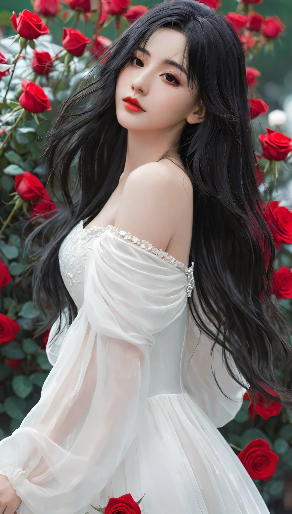 Anime girl with long black hair and white dress with red roses, guweiz, guweiz on pixiv artstation, Detailed digital anime art, Beautiful anime girl, guweiz on artstation pixiv, Anime style 4k, guys, Beautiful anime portrait, Detailed portrait of anime girl, Beautiful anime woman, Detailed anime art