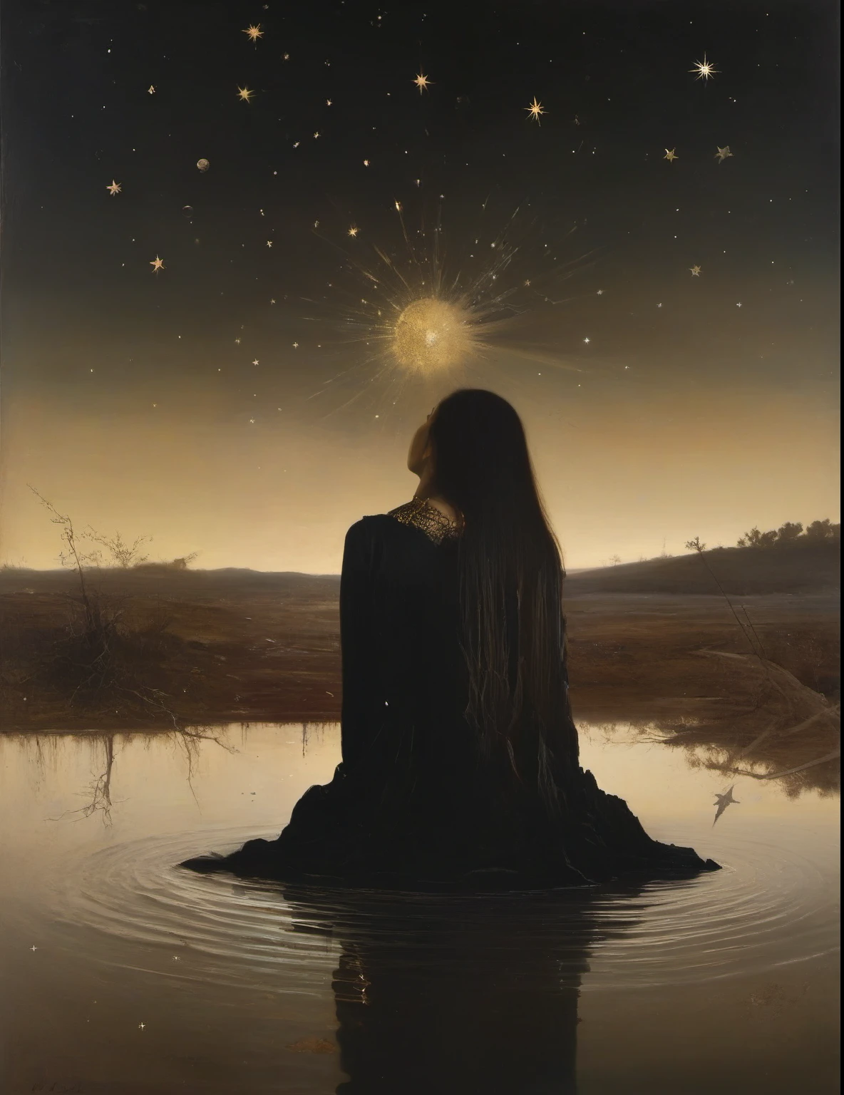 James Gurney, Surrealist art , dream-like, Mysterious, Provocative, symbolic, Complex, detailed,, (Gothic but very beautiful:1.4), (masterpiece, highest quality:1.4) , Nicola Samori Style,  A woman kneeling by the water; One foot in the water、One foot is on land.[2] There is a big star above her head, Showing her true essence, And seven little stars, Represents the chakras