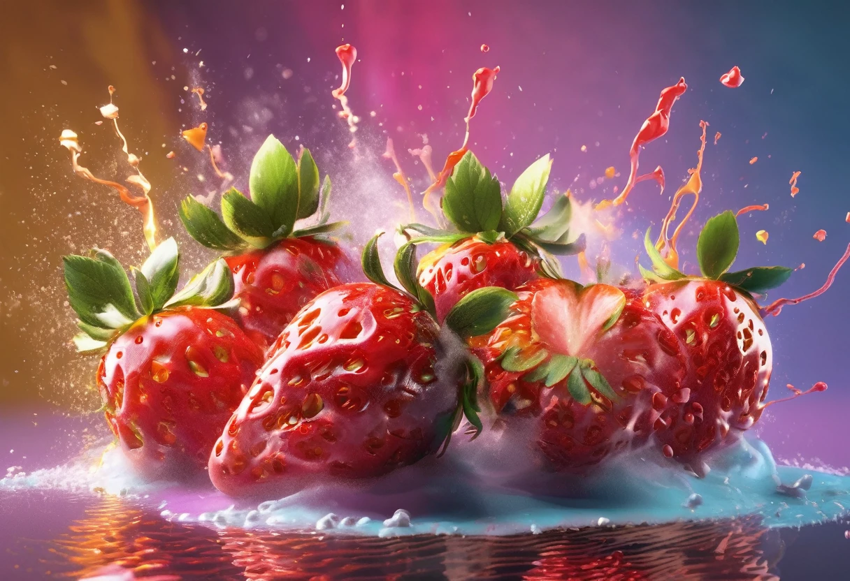 Low angle view, Five Perfect strawberries, falling in vibrant paint splashes, smoke splashes, high detail, still photography, low view,colorful fruits, mouth-watering, cinematic lighting, close up, shallow depth of field, CG render, 4k resolution, Cinema 4D, volumetric lighting