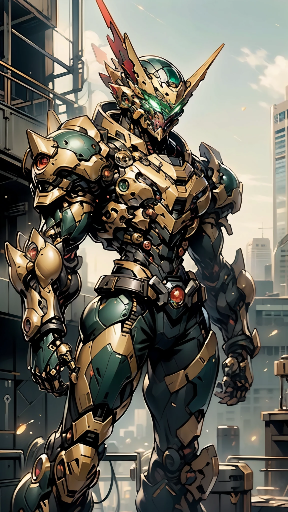 A man wearing a full-face helmet, a fantasy-style biotech armored combat suit, green eyes, (a composite layered chest armor), fully enclosed shoulder guards, matching arm and leg guards, the belt is adorned with fangs biting into orbs, (the color scheme is primarily black with red accents), the design balances heavy with agility, a high-tech bio-mecha armor, (Bat concept Armor, stand on the top of a skyscraper in a futuristic sci-fi city), this character embodies a finely crafted fantasy-surreal style armored hero in anime style, exquisite and mature manga art style, (element, plasma, energy, the armor glows), ((male:1.5)), metallic, real texture material, dramatic, high definition, best quality, highres, ultra-detailed, ultra-fine painting, extremely delicate, professional, perfect body proportions, golden ratio, anatomically correct, symmetrical face, extremely detailed eyes and face, high quality eyes, creativity, RAW photo, UHD, 32k, Natural light, cinematic lighting, masterpiece-anatomy-perfect, masterpiece:1.5