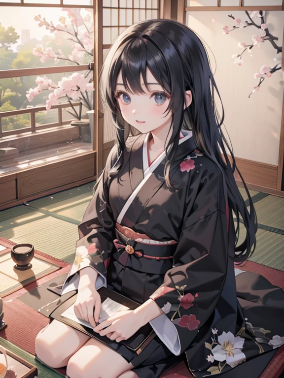 (8k, highest quality, Tabletop:1.2)、One 14-year-old girl, Detailed face, black eye, Black Hair, Long Hair, kimono, Japanese-style room, Tatami room, Sliding doors, hanging scroll, Japanese cushion, seiza, calligraphy, Holding a brush