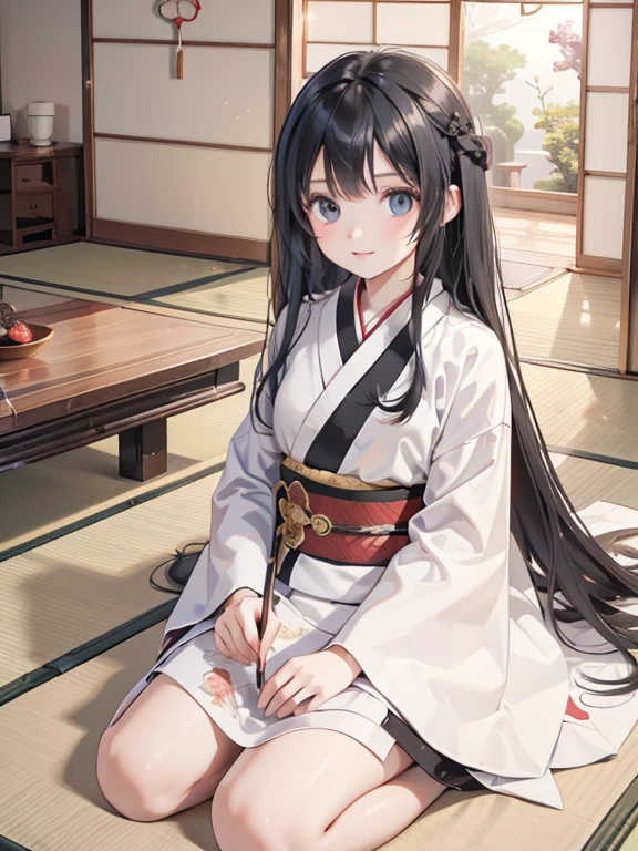 (8k, highest quality, Tabletop:1.2)、One ****************, Detailed face, black eye, Black Hair, Long Hair, kimono, Japanese-style room, Tatami room, Sliding doors, hanging scroll, Japanese cushion, seiza, calligraphy, Holding a brush