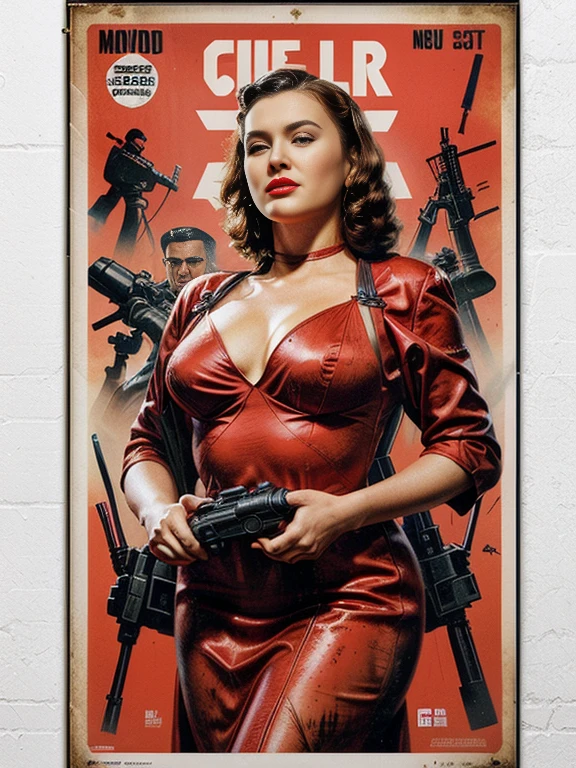 There is a poster of a woman in a red dress holding a machine gun., Old retro pulp noir comic cover, retro movie posters, 1 9 5 0 s suspense, born, poster cover art, Retro pulp art, Butcher Billy Style, Grainy poster art, 1950s Movie Posters, Old retro pulp, dbornn in a neo - noir style, Movie Poster Art