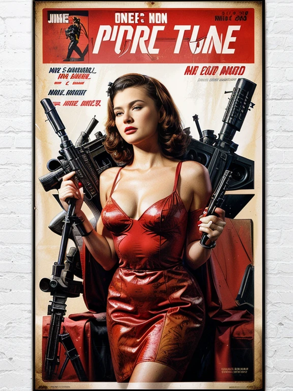 There is a poster of a woman in a red dress holding a machine gun., Old retro pulp noir comic cover, retro movie posters, 1 9 5 0 s suspense, born, poster cover art, Retro pulp art, Butcher Billy Style, Grainy poster art, 1950s Movie Posters, Old retro pulp, dbornn in a neo - noir style, Movie Poster Art