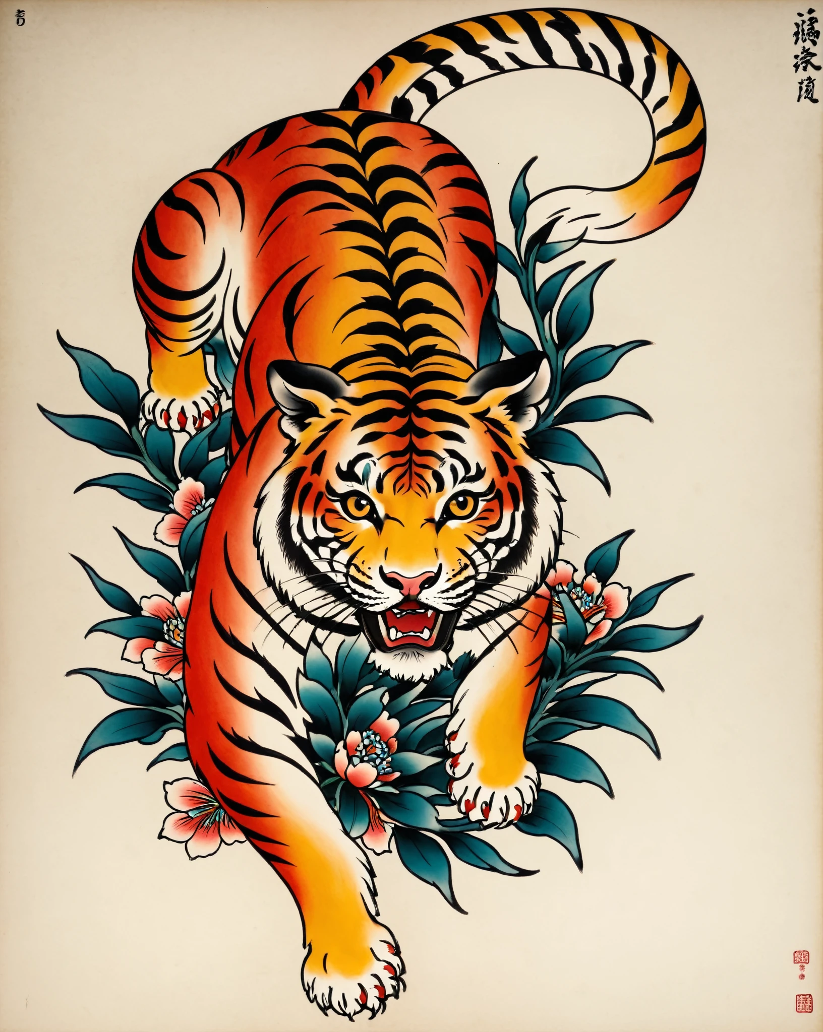rainbow tiger - japanese traditional style, old school japanese traditional tattoo style, Utagawa Kunisada style, highly detailed, masterpiece, painting-like, HD