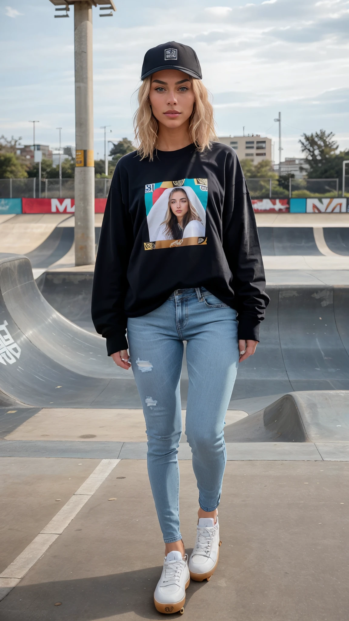 The influencer, with her model-like body that exudes youthful elegance, is in a skate park. Her blonde hair falls in soft waves over her shoulders, framing her face with perfectly symmetrical features and her deep blue eyes that shine with a spark of emotion. This time, she has opted for a casual and sporty outfit that reflects her adventurous spirit. She is wearing modern-cut skinny jeans and a loose-fitting T-shirt with a bold print. She accessorizes her look with a backwards baseball cap and high-end skate shoes. The influencer is skating on the skate park, showing off her skill and style in every trick and maneuver. Her pose is relaxed but confident, as she gracefully glides down ramps and rails, letting her passion for skateboarding guide her. As she moves with fluidity and elegance, the influencer shares moments of her skate session on her social networks, inviting her followers to join her in this adventure full of fun and adrenaline. In addition to her love for skateboarding, the influencer also organizes skate events and meetups in the community, where she can connect with other sports enthusiasts and share her passion for skate culture. After an exciting afternoon at the skate park, the influencer shares some photos and videos of her skate session on her social media, smiling slightly and excited to share her love for the sport with her audience. .