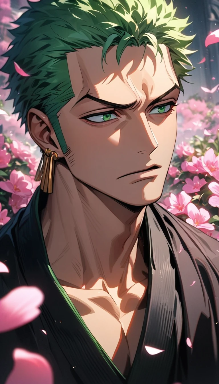 absurdres, highres, ultra detailed, HDR, masterpiece, extremely detailed face and eyes, Roronoa Zoro, green hair, expressive green eyes, One Piece, solo, man, handsome, black kimono, pink butterflies, pink petals, pink flowers