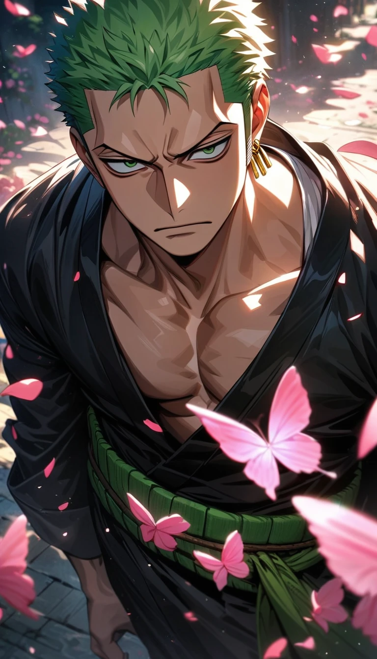 absurdres, highres, ultra detailed, HDR, masterpiece, extremely detailed face and eyes, Roronoa Zoro, green hair, expressive green eyes, One Piece, solo, man, handsome, black kimono, pink butterflies, pink petals, pink flowers