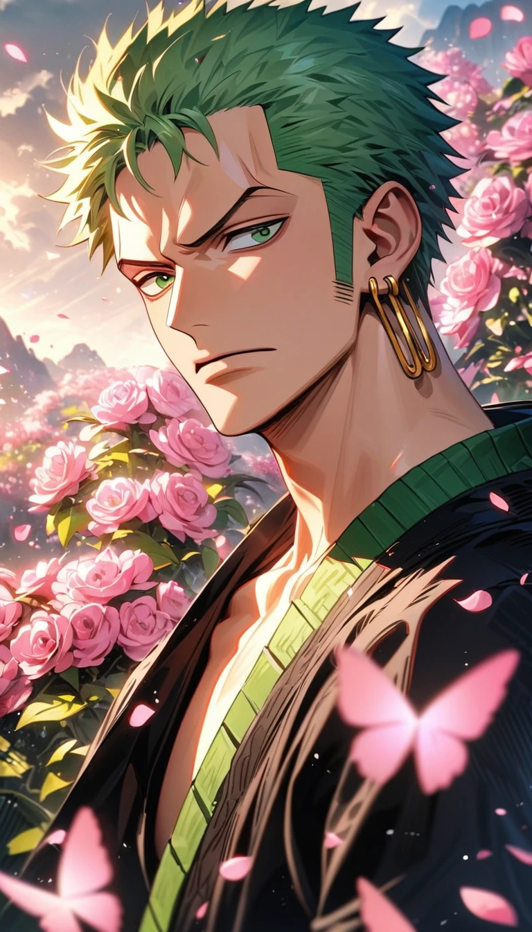 absurdres, highres, ultra detailed, HDR, masterpiece, extremely detailed face and eyes, Roronoa Zoro, green hair, expressive green eyes, One Piece, solo, man, handsome, black kimono, pink butterflies, pink petals, pink flowers